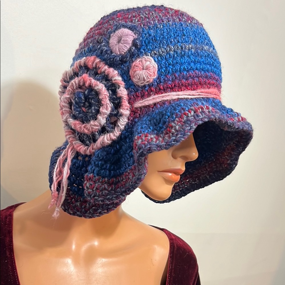 Handmade Blue & Pink Crochet Cloche Hat with Flower Accent